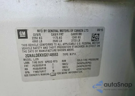 2016 Chevrolet Equinox Ltz z USA, uszkodzony, nr VIN 2GNALDEKXG6148663